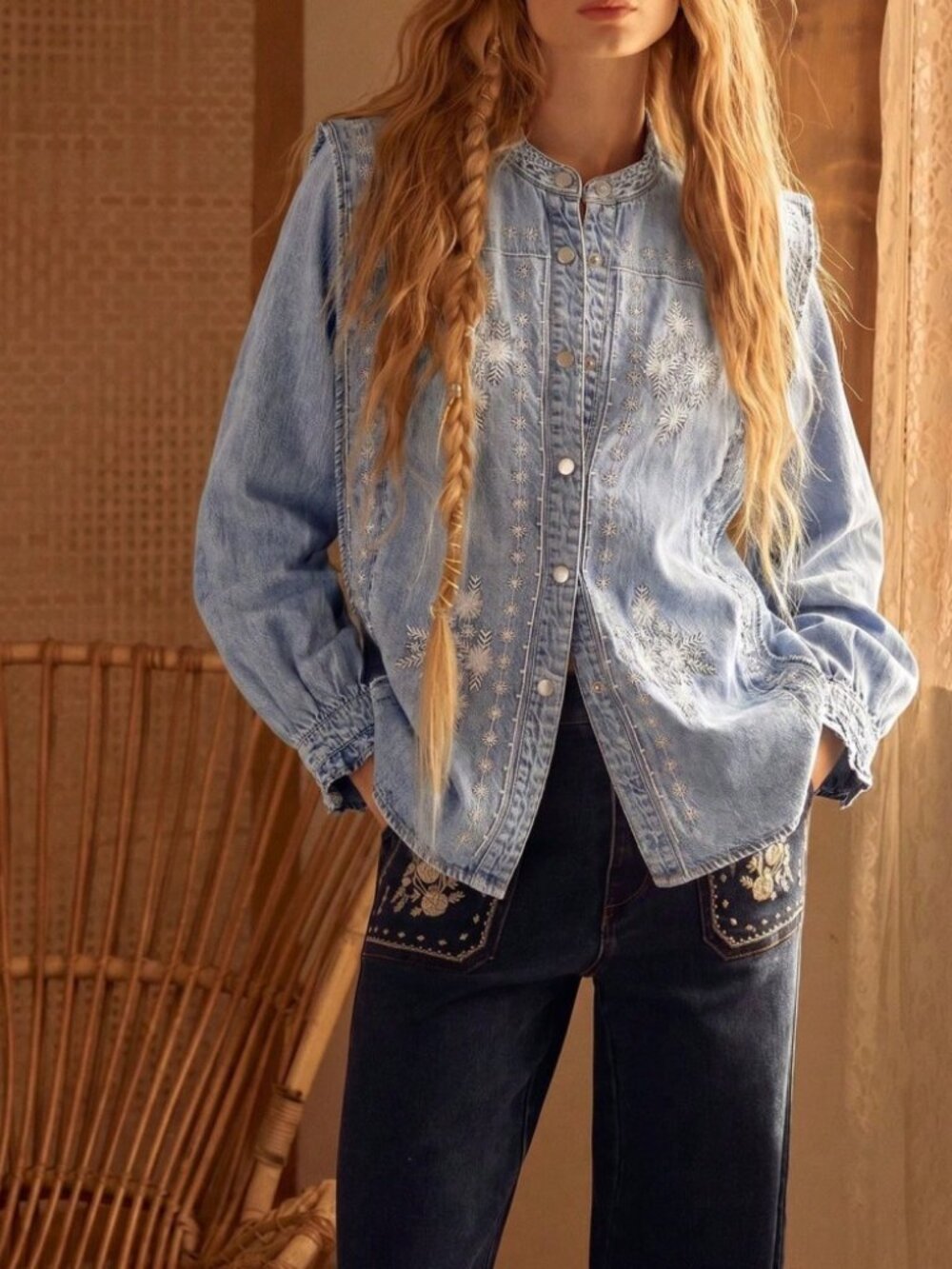 Blue Denim Embroidered Button-Front Shirt with Stand Collar